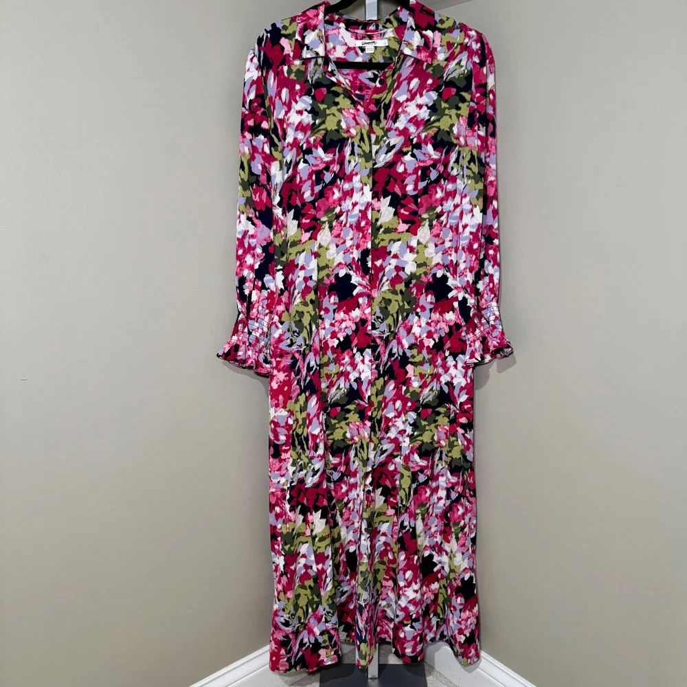 Chicos Floral Button Down Maxi Shirt Dress Pink Purple Olive Size 1 - Picture 5 of 8
